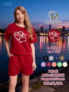 Completo da donna Nostalgia in raso a 2 pezzi, pantaloncini e maglia a maniche corte girocollo, vestibilità ampia, traspirante, per primavera estate, casual, rosso - Product Image 3