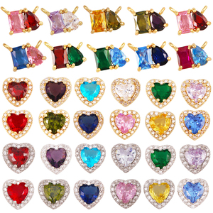 Cuentas de Corazón con Piedras de Nacimiento, Granate, <span class=keywords><strong>Aqua</strong></span>, Lila, Verde Oliva, Púrpura, Componentes de Pulseras de Latón con Baño de Oro de 18K, Accesorios y Suministros S77 - Product Image 1