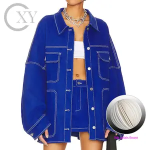 Customized Clothing OEM Factory Women Cotton Denim Contrast Stitching Cooper Jacket Front Button Closure