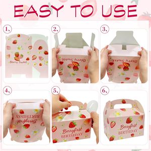 Lot de 10 boîtes cadeaux rectangulaires en carton avec poignées, thème <span class=keywords><strong>fraise</strong></span>, pour anniversaire, baby shower, enterrement de vie de jeune fille - Product Image 4
