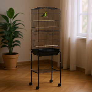 Jaula para pájaros de metal negro con soporte con ruedas y cesta de almacenamiento para aves de interior - Product Image 2