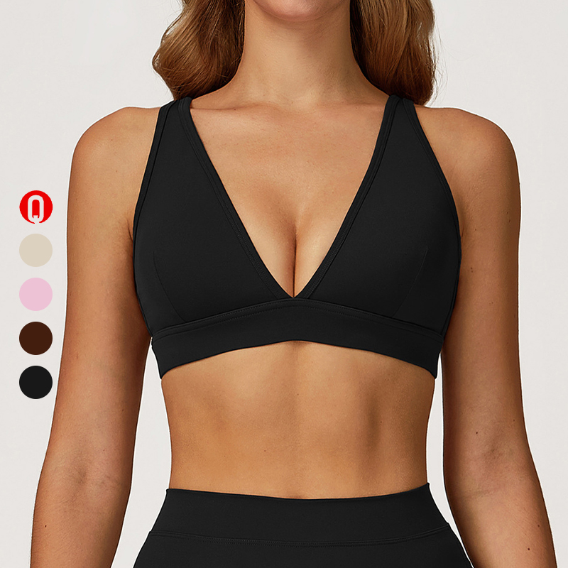 Customized Women's Deep V-neck Fitness Yoga Wear Workout Clothes Crop Top Moisture-Wicking Running Comfortable Gym Sports Bra