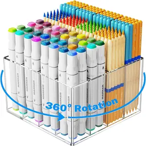 Pemegang pena akrilik Bening, penyusun berputar 360 derajat untuk meja pensil spidol seni Display alat tulis untuk kantor sekolah