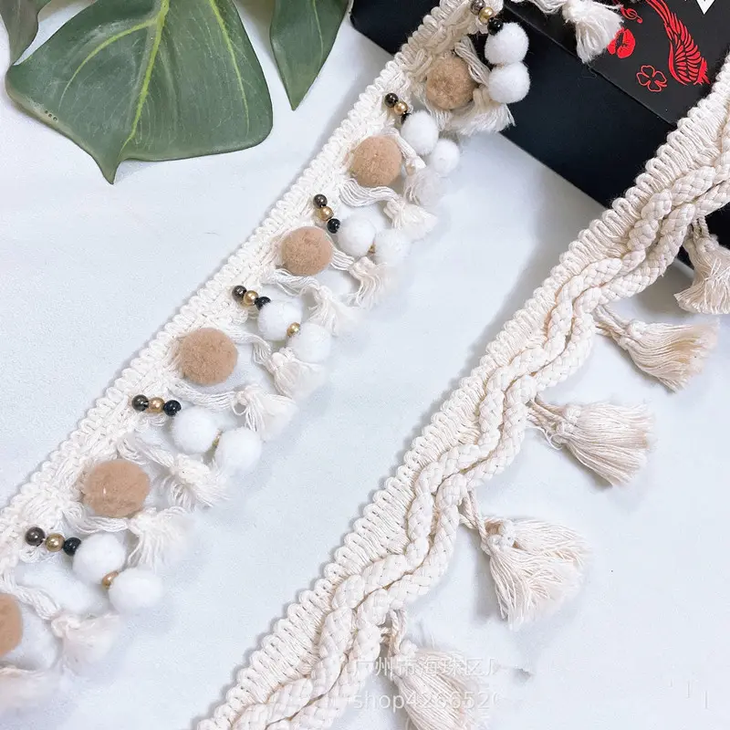 Breite 5 cm 7 cm Baumwollknoten Fransen Perlen Tassel Spitze Pom Pom Zierleiste für Matte Vorhang Heimtextilien Tischbekleidung