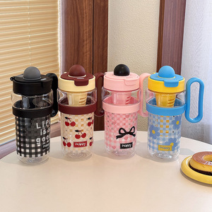 Bouteille d'eau à motif cerise avec paille 500 ml pour étudiants et usage scolaire, tasse isotherme portable pour boissons en extérieur - Product Image 5