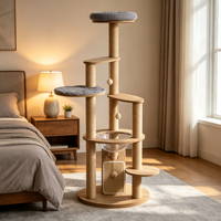 Arbre à chat BurlTower 155 cm, finition bois de bruyère, moderne, vertical, griffoir en sisal, bol en acrylique transparent, perchoirs rembourrés, double carton