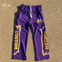 Pantalon de jogging HUITENG personnalisé à taille haute, imprimé avec logo, garniture à rivets perlés, coupe droite, double poches arrière, effet délavé et usé
