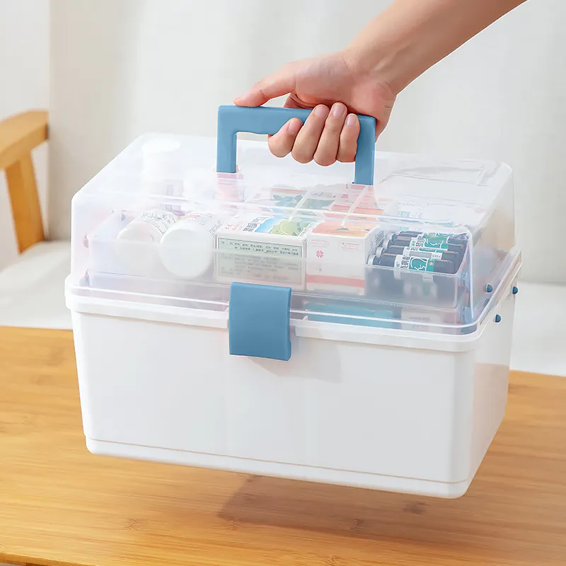 도매 응급 처치 키트 상자 휴대용 여행 의료 주최자 상자 접이식 구획 명확한 플라스틱 의학 저장 상자