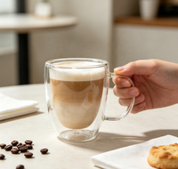 Mug en verre borosilicate double paroi fait main, anti-fuite, compatible lave-vaisselle, 180 ml, corps transparent uni et lisse, poignée transparente