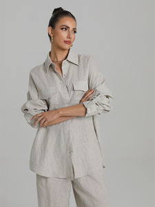 Ensemble en Lin Haut de Gamme pour <span class=keywords><strong>Femme</strong></span>, Décontracté et Polyvalent, Chemise et <span class=keywords><strong>Short</strong></span> en Laine Solide, Protection Solaire, Idéal Printemps/Été - Product Image 2