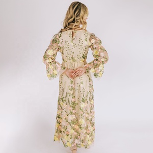Abito Estivo da Donna Vintage con Scollo a V, <span class=keywords><strong>Maniche</strong></span> a Lanterna, Volant, Trasparente in Raso e Rete, a 2 Strati, Floreale, Maxi, Streetwear, Lavabile - Product Image 5
