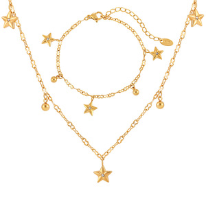 Ensemble de bijoux pour femme : <span class=keywords><strong>Bracelet</strong></span> et collier en acier inoxydable plaqué or avec zircon, motif étoile pentagonale et tournesol, simple et élégant - Product Image 6