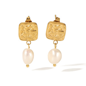 Vintage Fashion Fine <strong>Jewelry</strong> Women Fashion <strong>Stainless</strong> <strong>Steel</strong> <strong>Jewelry</strong> 18K Gold Texture Pearl Drop Earrings - Product Image 1