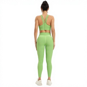 Ensemble de leggings athlétiques côtelés et soutien-gorge de sport personnalisés, couleur claire, bretelles en Y, col rond, respirant, léger, taille haute, pour le yoga - Product Image 2
