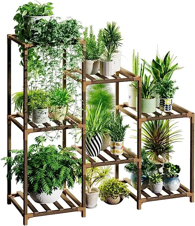 WY Wood Plant Stand Indoor Outdoor Tiered Regal für mehrere Pflanzen 3 Ebenen 7 Topfleiter Pflanzen halter