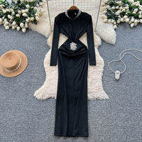 Robe longue élégante pour femme WIWT, à manches longues, avec strass, découpe à la taille, moulante, pour soirée, tenue décontractée, robes décontractées