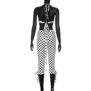 Viviblook C26ST128 Women Summer <b>Set</b> New Polka Dot Print Sleeveless Halter Strap Vest Crop Top Cropped Pant Two Pieces <b>Set</b> - Product Image 3