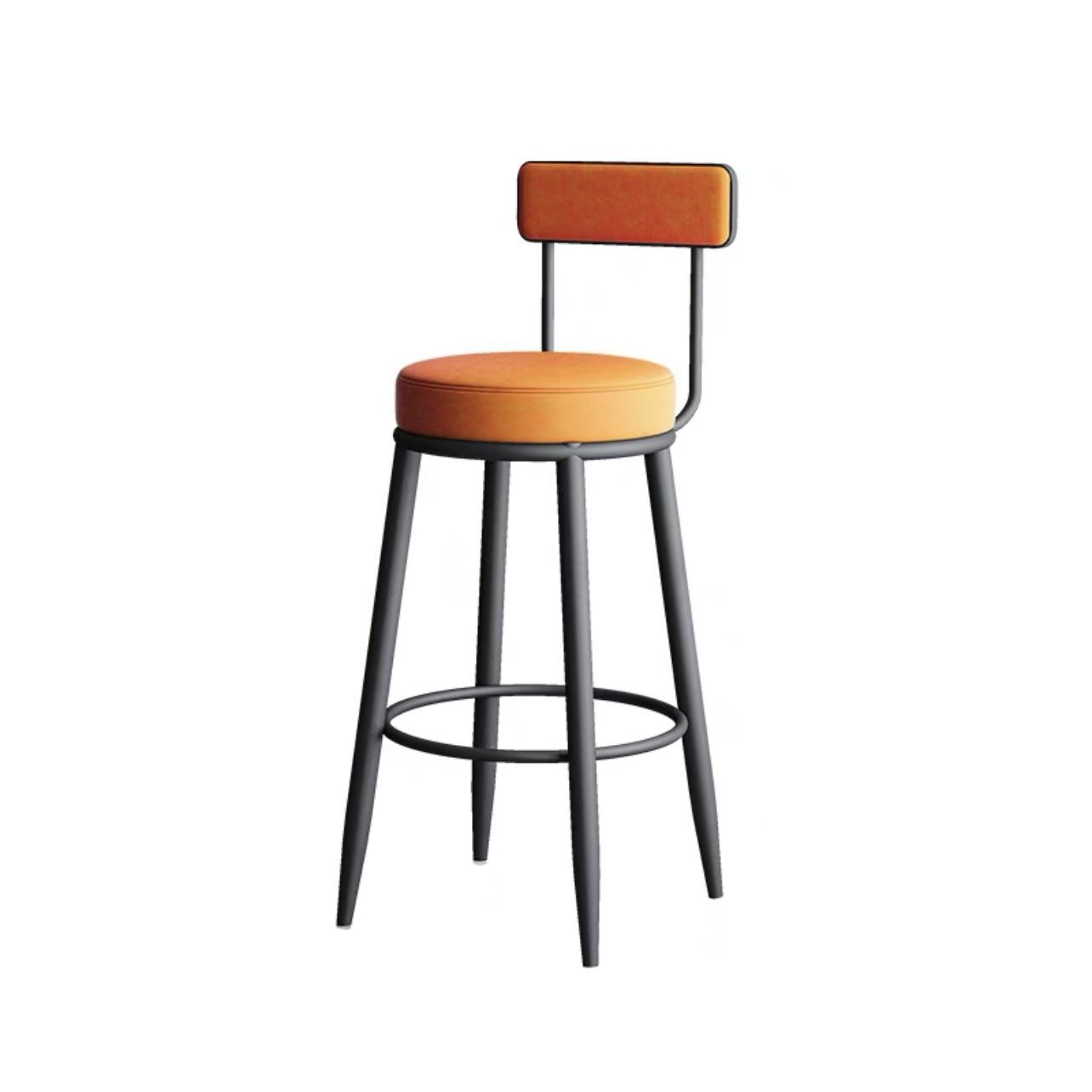 Pies negros, cojín de asiento de cuero naranja.