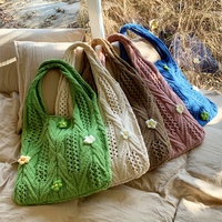 Sac fourre-tout en tricot épais à motif floral, sac à bandoulière au crochet, style bohème, en stock, vente en gros, livraison rapide, MOQ 30 pièces