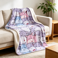Plaid en flanelle imprimé numériquement, motif hippopotame de dessin animé, taille standard, idéal pour canapé, lit, pieds et chambre d'enfant