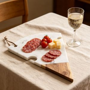 <span class=keywords><strong>Planche</strong></span> à découper artisanale en marbre <span class=keywords><strong>blanc</strong></span> naturel et <span class=keywords><strong>bois</strong></span> d'acacia, en forme de puzzle, pour la décoration et la présentation de fromages - Product Image 1