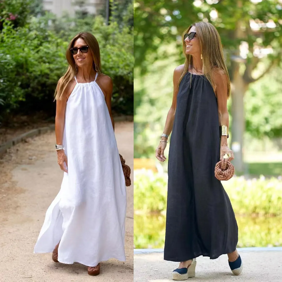 Vestido midi branco sem mangas para praia, moda feminina, vestido longo de algodão e linho, moda verão, branco, solto, para mulheres