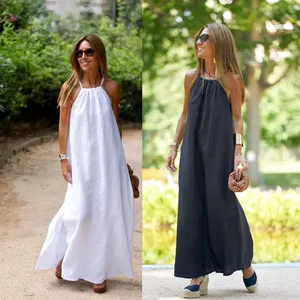 Robe d'été blanche sans manches blanche Beach Maxi Loose Dress Lin Cotton Fashion Long Cotton Linen Shirt Midi Dress For Women