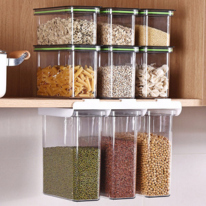 Transparent Square Grain <b>Storage</b> <b>Container</b> With Clip On Lid <b>Stackable</b> Hanging Kitchen Food Organizer For Pasta Beans Spices - Product Image 1