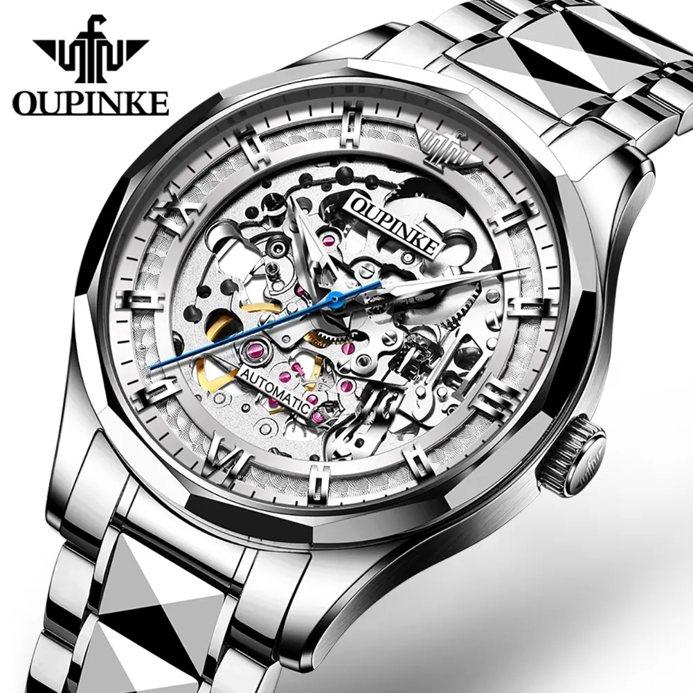 OUPINKE 3209 OEM özel lüks Tourbillon hollow İskelet tasarım en iyi marka erkek spor otomatik erkekler lüks mekanik saat