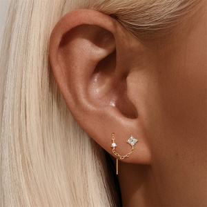 Boucle d'oreille chaîne filetée à dos plat en argent sterling S925, avec pampille dorée, cristal, griffe, fleur, trèfle, étoile, 1.2x6mm - Product Image 5