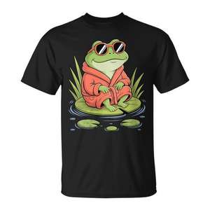 T-shirt unisexe pour adulte à manches courtes et col rond avec impression numérique promotionnelle, motif grenouille décontractée en robe et lunettes de soleil sur une feuille de lotus - Product Image 1