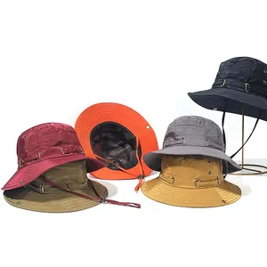 [foldable] Custom Logo WaterProof Resistant UV Protection Outdoor Nylon Wide Brim Boonie Fisherman Bucket Hat With String