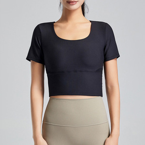 Wholesale Women's Ribbed Built-in <b>Bra</b> Yoga Top Breathable Square Neck Mesh <b>Back</b> Crop Top High Stretch Athletic Workout Shirt - Product Image 1