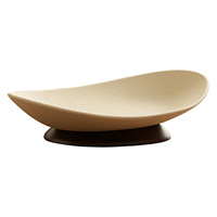 Bootvormige serveerschaal met houten voet, steengoed, ovaal, voor snacks, thee, desserts, Wabi Sabi, Wagashi, sushi.
