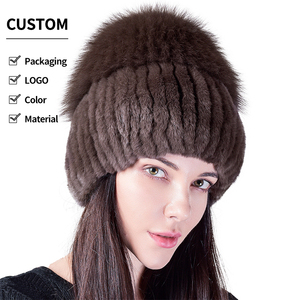 Gorro de Piel de Conejo Rex Auténtica, Gorro de <span class=keywords><strong>Paja</strong></span> con Piel de Zorro, Gorro de Punto Cálido y Grueso, Gorro Baotou de Felpa para Mujer, Gorros de Moda para Otoño e Invierno - Product Image 1