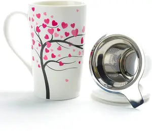 Porselen çay bardağı bira demleme filtre çay bardağı süzgeç ve kapak, 18 OZ, aşk ağacı