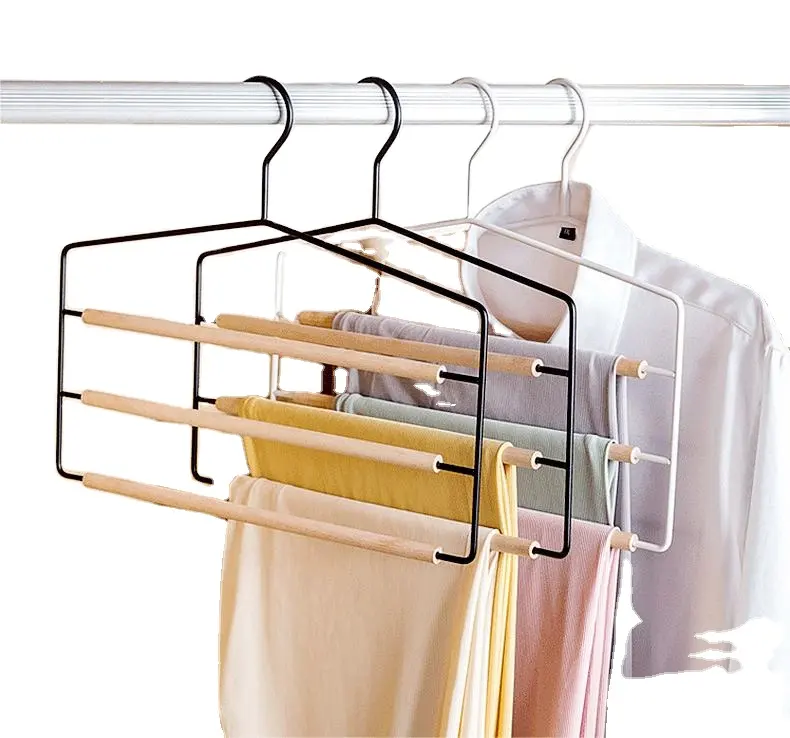 5 Multi-Layer Trouser Hanger With Wood Bar Pants Hangers Metal Wooden Hanger