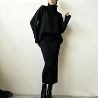 Ensemble pull col roulé et jupe longue côtelée pour femme, style européen et américain, décontracté, ample, chaud et infroissable, idéal pour l'automne