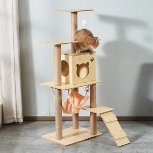 Desain Baru 2023 Tiang Penggaruk Kayu Pohon Kucing Modern untuk Kucing Kitten Menara Multi-Level Hummock dengan Pengiriman Cepat