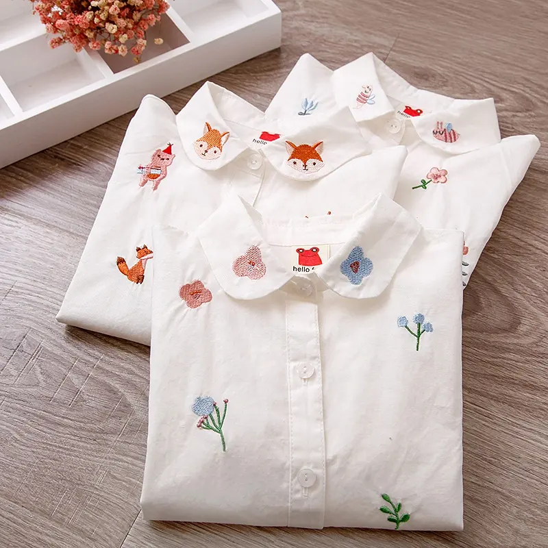 100% cotton White Girls Blouses Long Sleeve Autumn 2022 Kids Clothes Girls 8 10 12 Cartoon Fox Embroidery Tops School Shirts