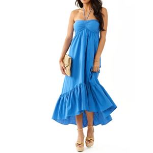 Nouvelle Arrivée Robe Longue Femme Style Vacances Sans Bretelles Col Halter Froncée à la Poitrine Ourlet Asymétrique Volants avec Poches pour l'Été - Product Image 2