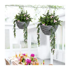 HL-73 Offre Spéciale Réaliste Faux Coloré Soie Floral Fleur Artificielle Suspendu Rotin Panier pour La Maison Porche Balcon Décor