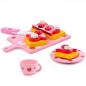 Kinderen Spelen Huis Roze Aardbei Pizza Fruit Simulatie Afternoon Tea Servies Houten Educatief Keuken Speelgoed Set