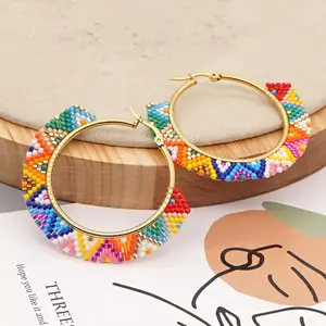 Bohemian Style Colored Rice Beads Hoop Earrings Gemstone PVD Stainless Steel Braided Rice Beads Large Hoop Earrings