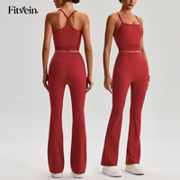 Set Yoga 4-Way Stretch dari Produsen, Atasan Model Y Back, Celana High Rise Flare, Pakaian Olahraga