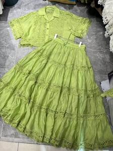 Tuta alla moda primavera estate nuovo Design moda donna <span class=keywords><strong>maglia</strong></span> Vintage a maniche corte in <span class=keywords><strong>pizzo</strong></span> con gonna lunga a trapezio - Product Image 3