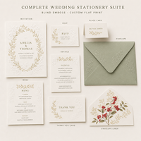 Ensemble d'invitations de mariage botaniques vintage, papeterie florale gaufrée à sec, cartes d'invitation et de réponse avec enveloppe vert sauge