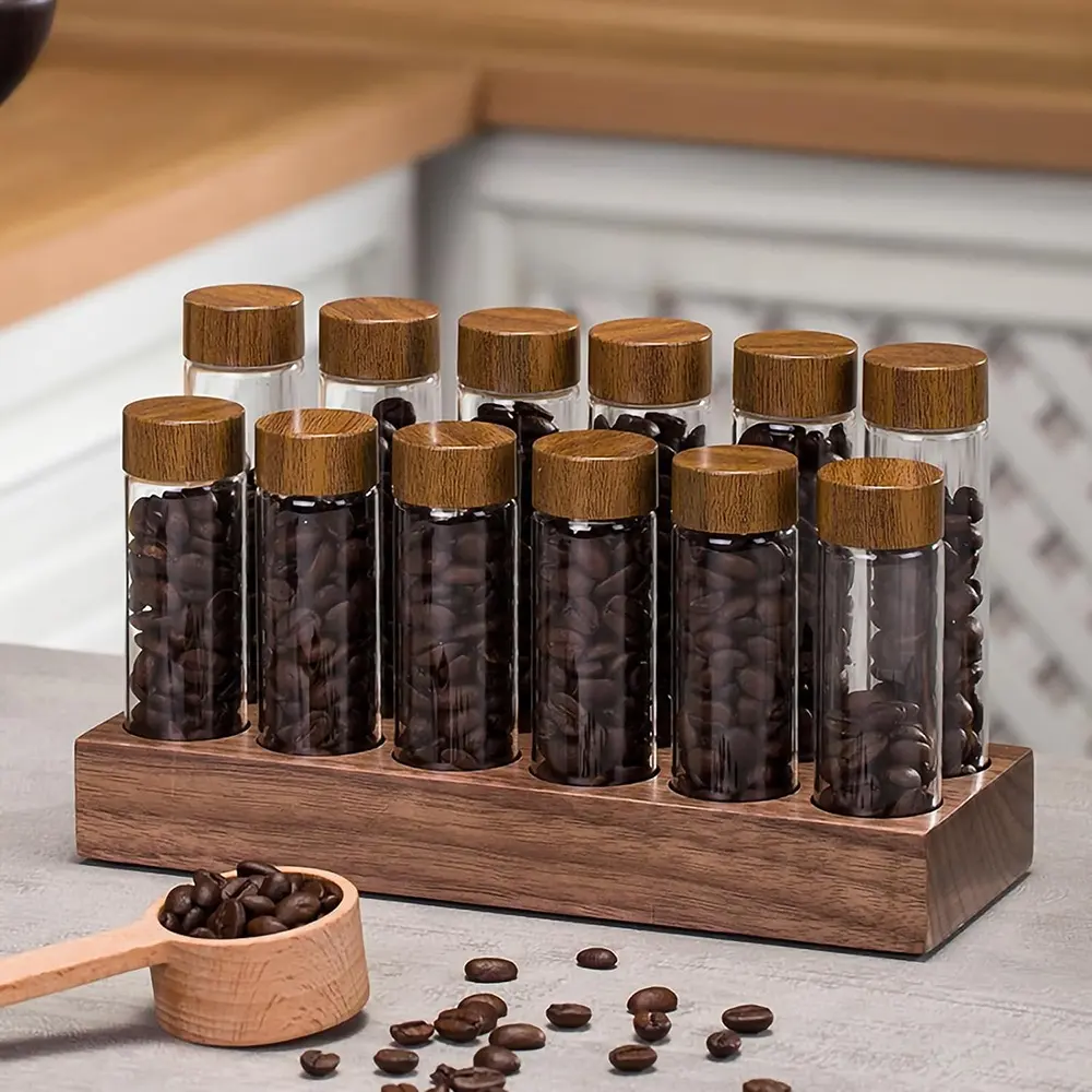 Coffee Beans Spice Storage Tubes Glass Jars Coffee Beans Cellar with Wooden Holder