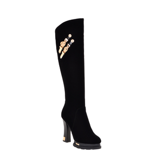 Korean Thick High Heel Knee-High Winter Women's <b>Boots</b> with Zip Closure PU Insole Height Increasing Sexy Knight Style - Product Image 1