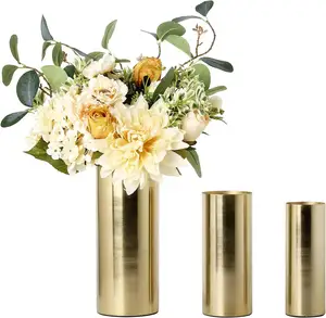 Tall Modern Brass Tone Metal Cylinder Centerpiece Flower Vases Gold Metal Flower Vase Set